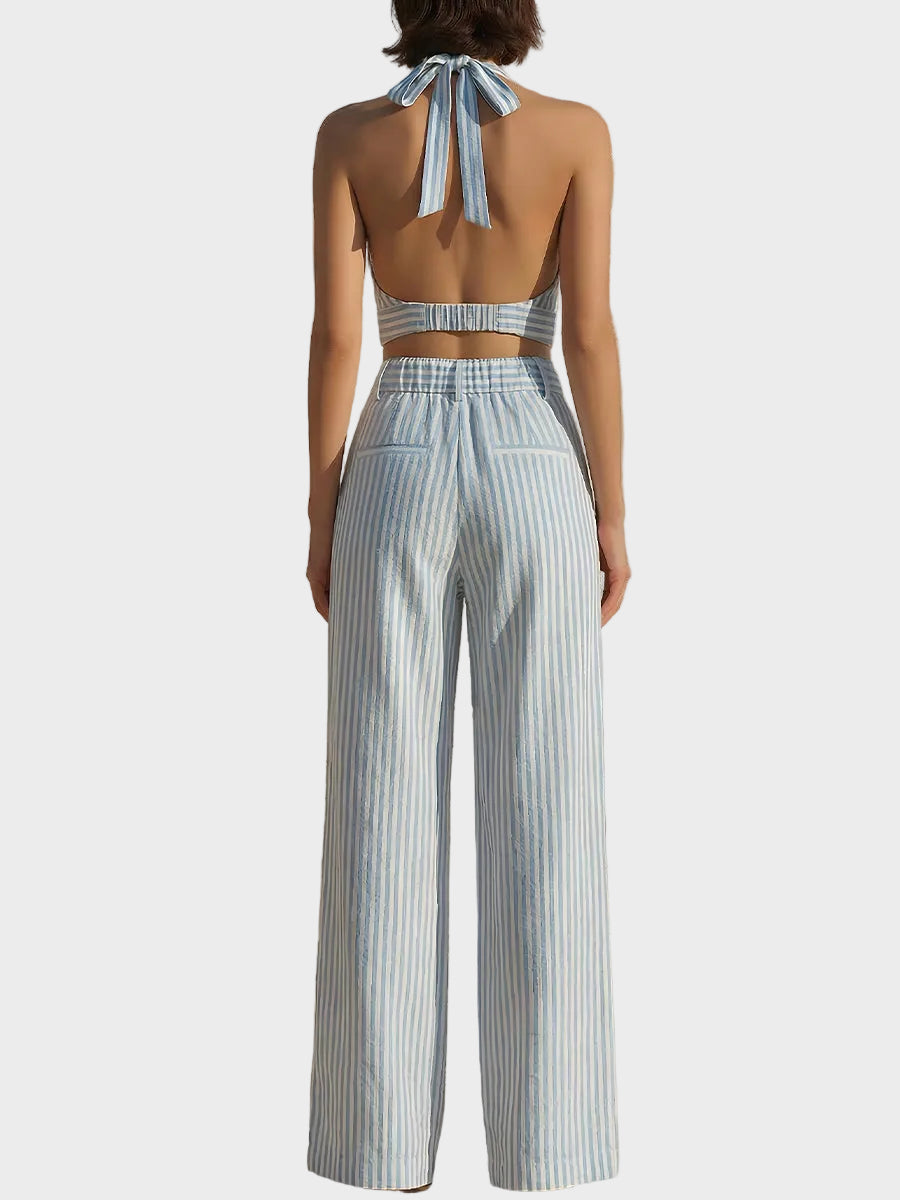 Blue & White Stripe Halter Crop Top And Wide-Leg Pants Set