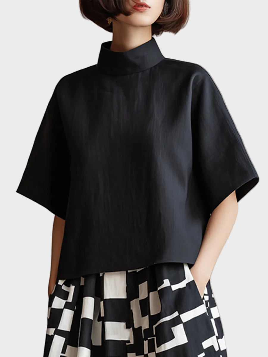 High-Neck Top & Abstract Print Wide-Leg Skirt Set