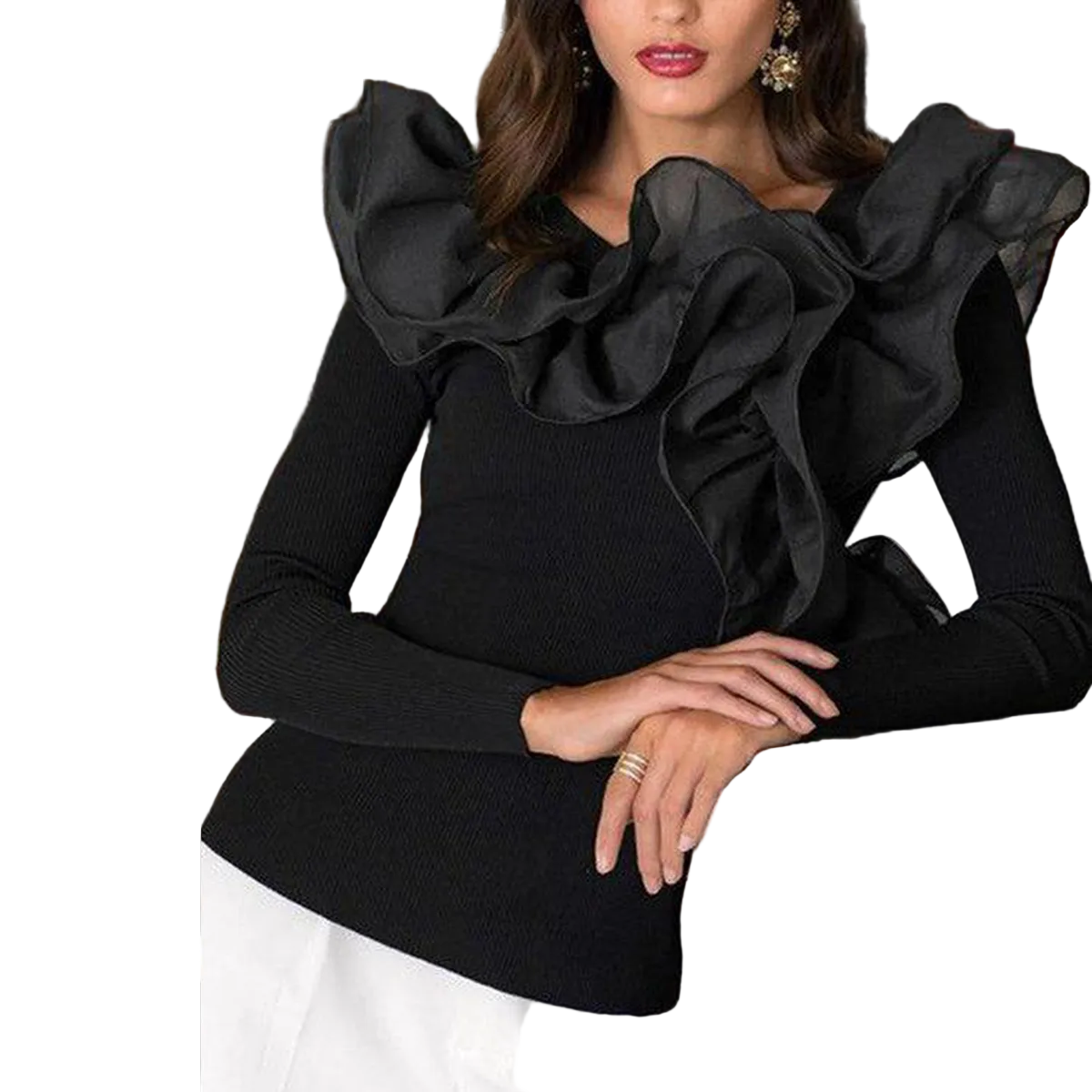 Special Black Plain Long Sleeve Round Neck Top