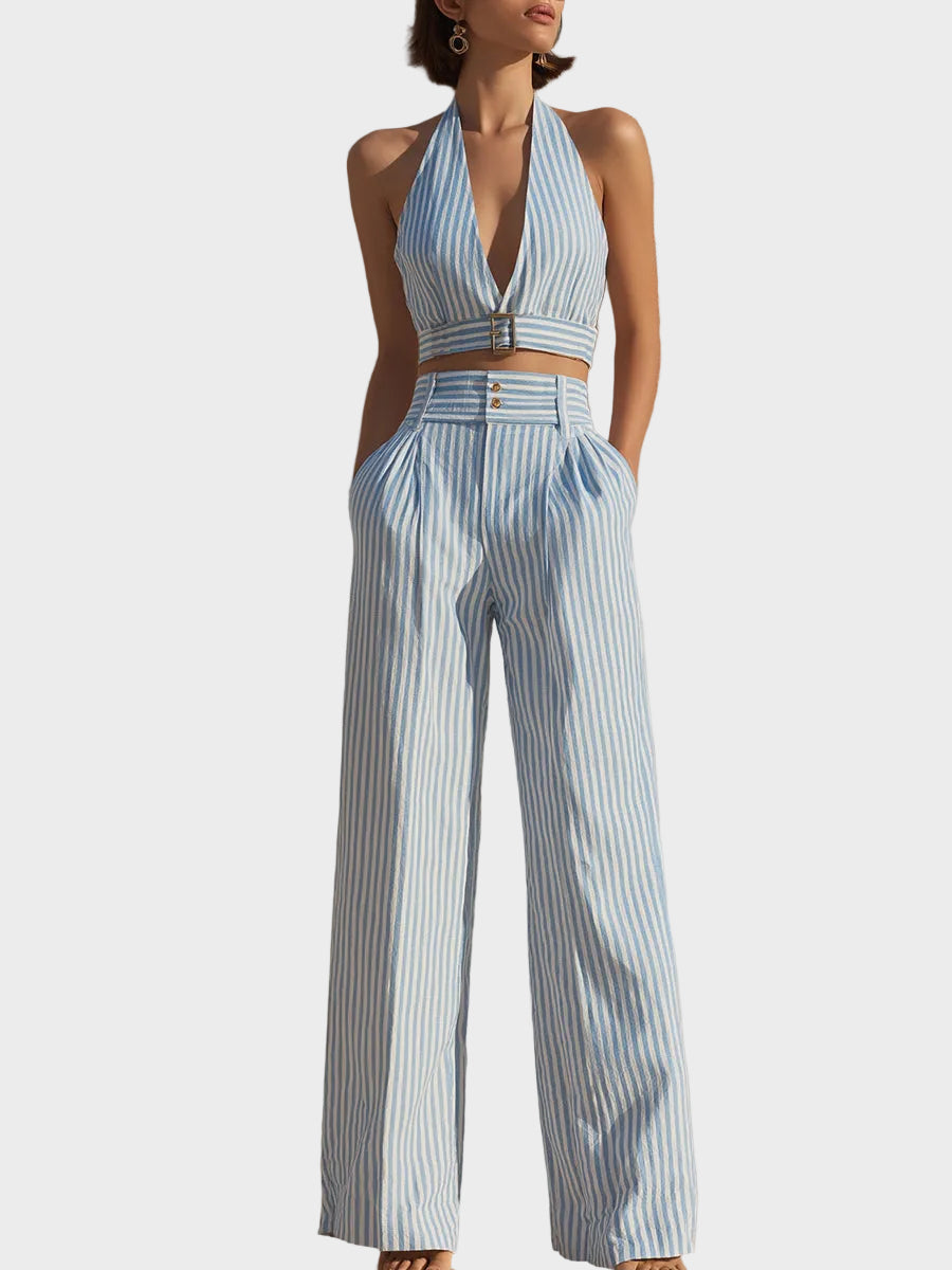 Blue & White Stripe Halter Crop Top And Wide-Leg Pants Set