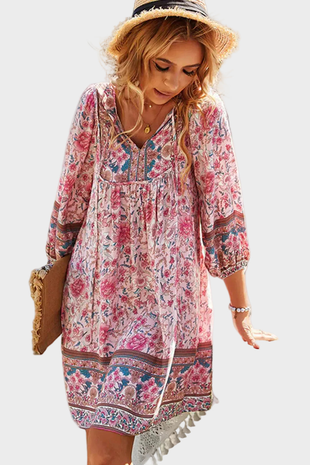 Boho Mini Dress Tunic Dress, Karlie Vintage Pink Rose
