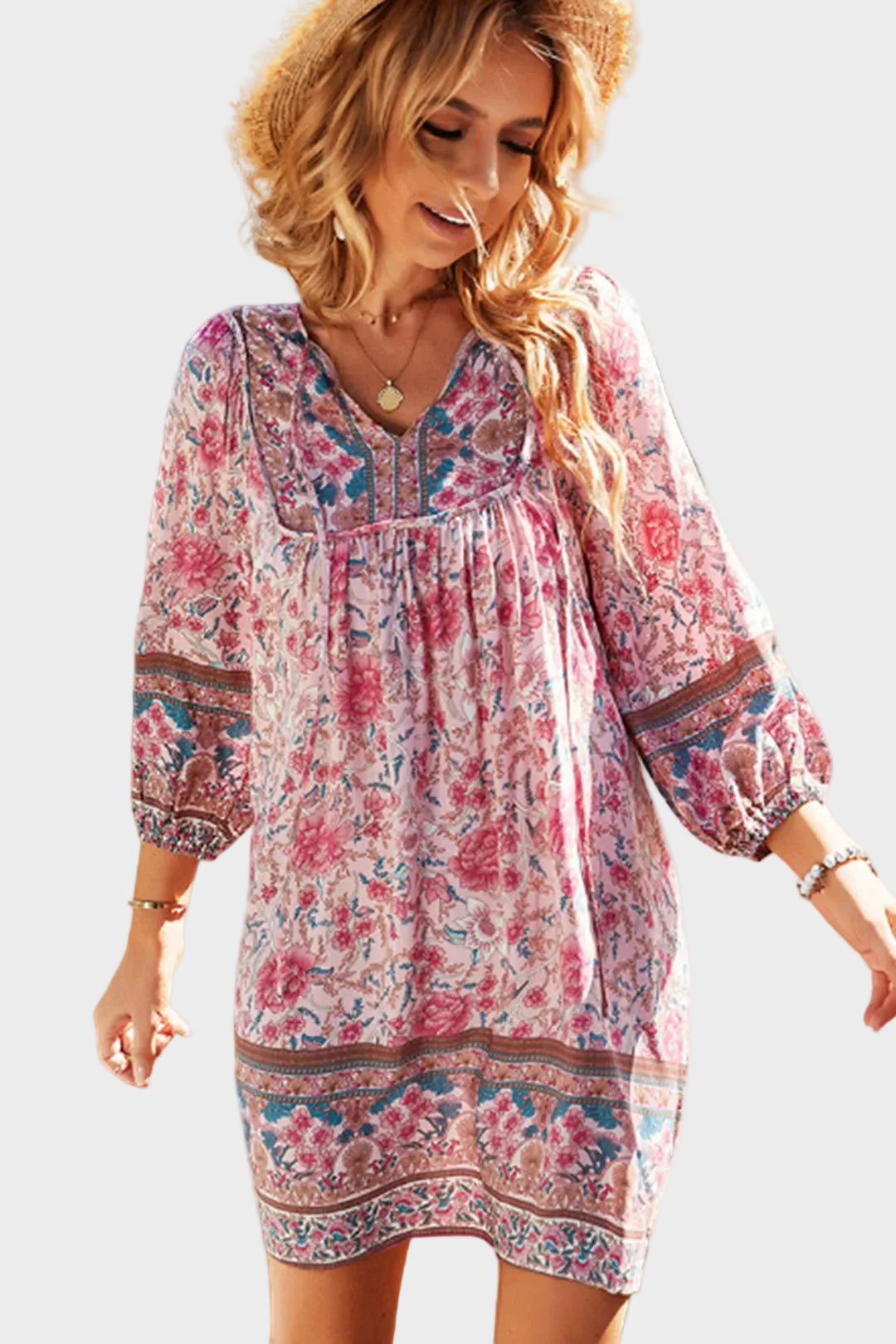 Boho Mini Dress Tunic Dress, Karlie Vintage Pink Rose