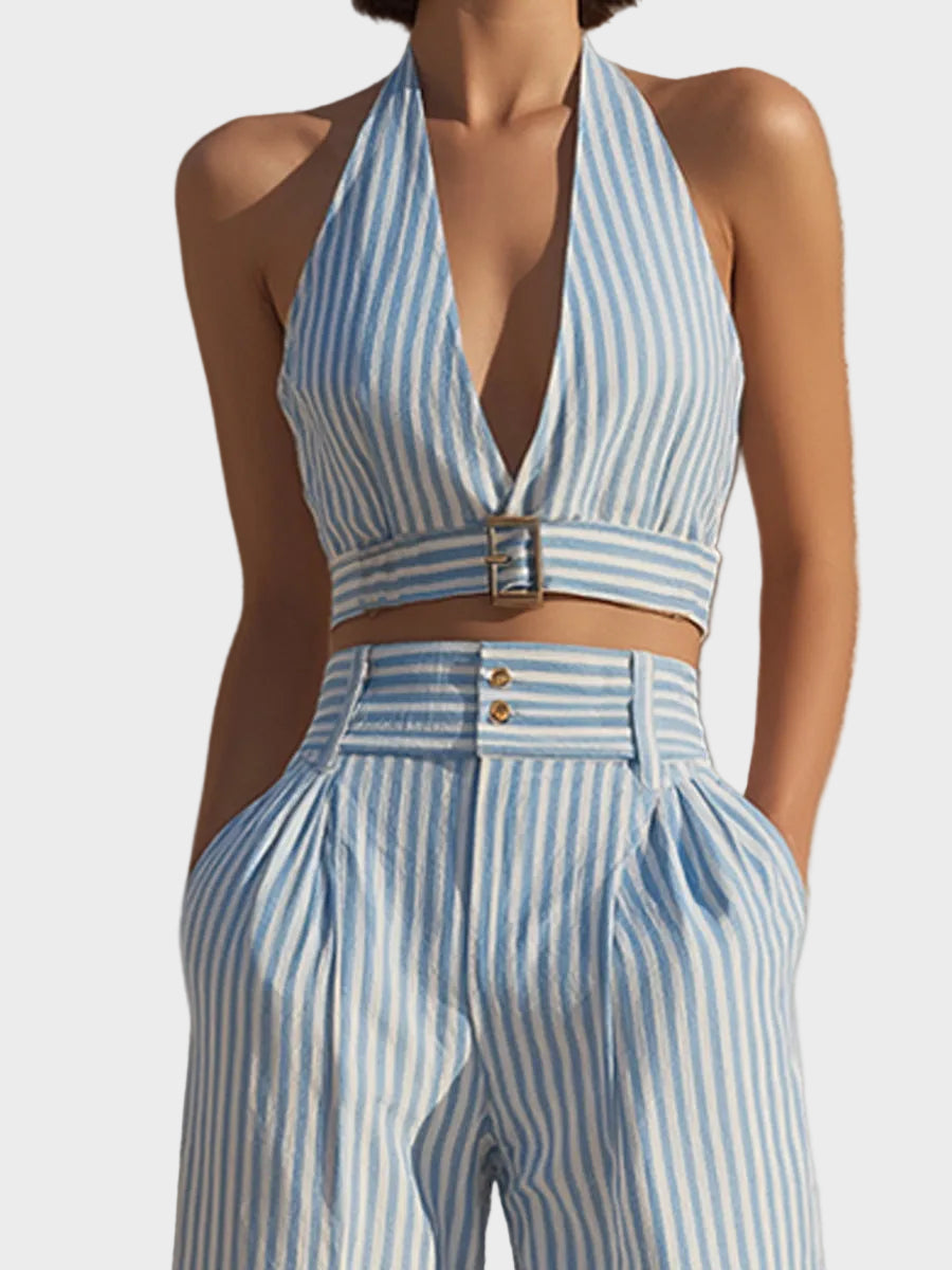Blue & White Stripe Halter Crop Top And Wide-Leg Pants Set