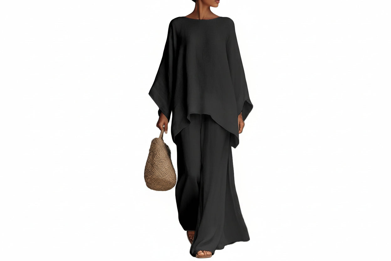 Linen Blend Cape Style Top and Wide Legs Pants Set
