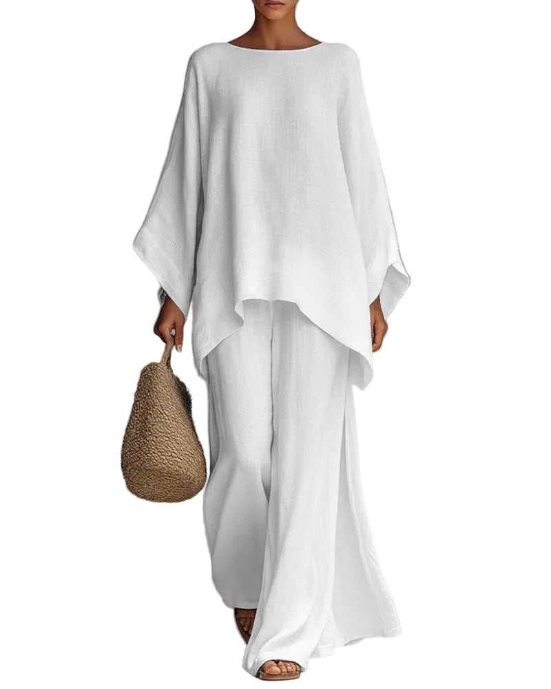 Linen Blend Cape Style Top and Wide Legs Pants Set