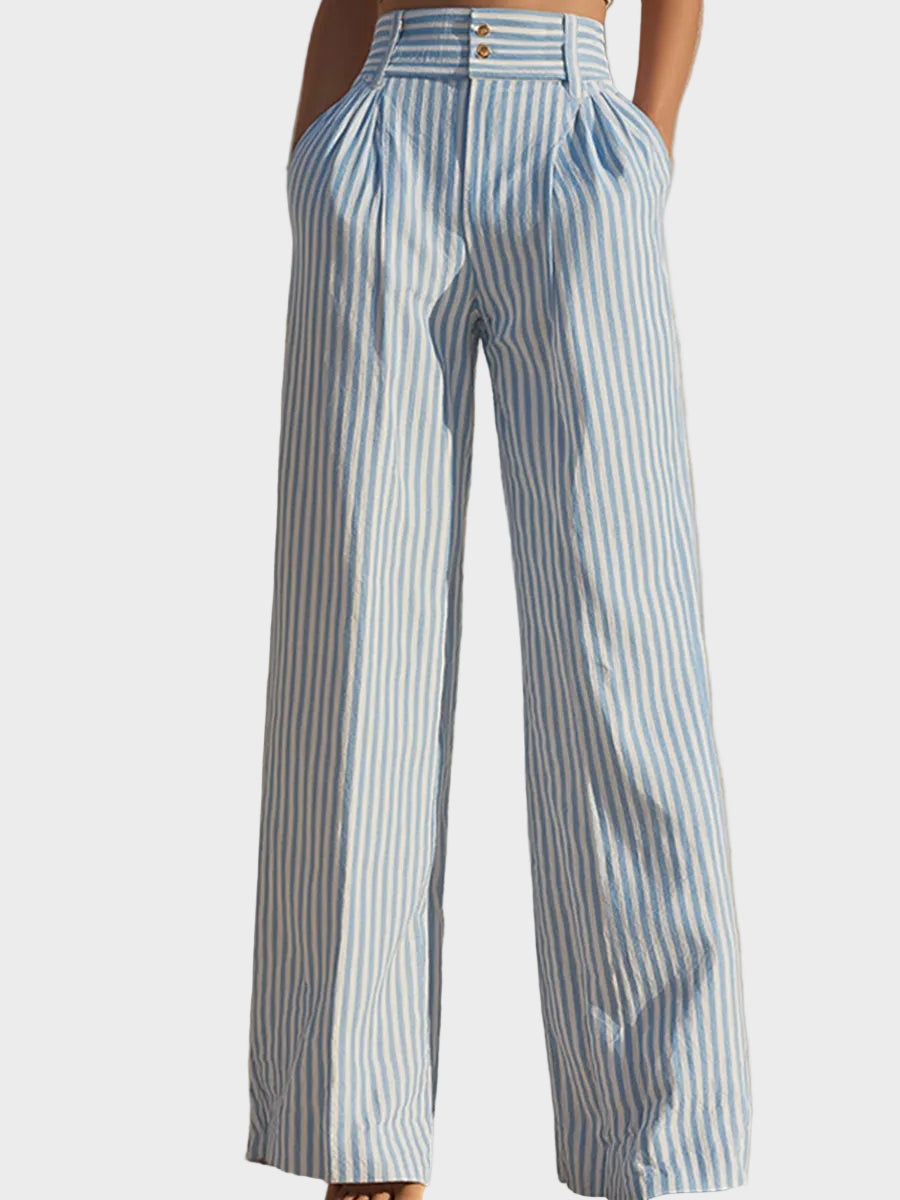 Blue & White Stripe Halter Crop Top And Wide-Leg Pants Set