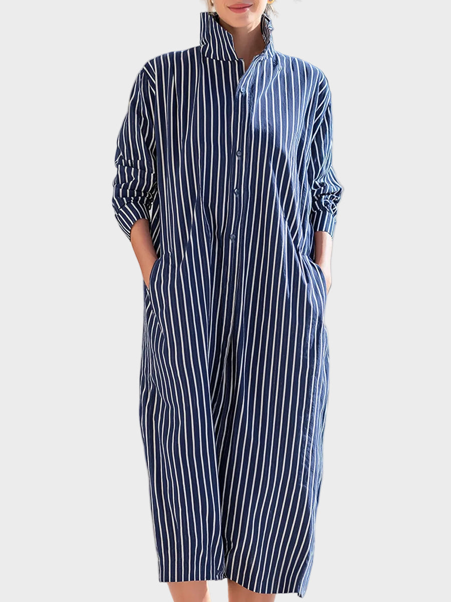 Vertical Stripe Stand-Collar Shirt Midi Dress