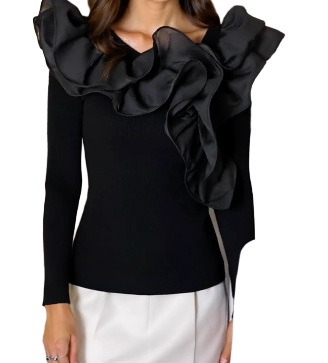 Special Black Plain Long Sleeve Round Neck Top