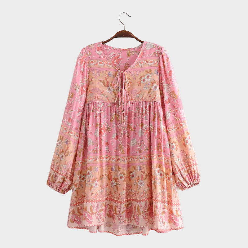 Boho Mini Dress Tunic Dress, Karlie Vintage Pink Rose