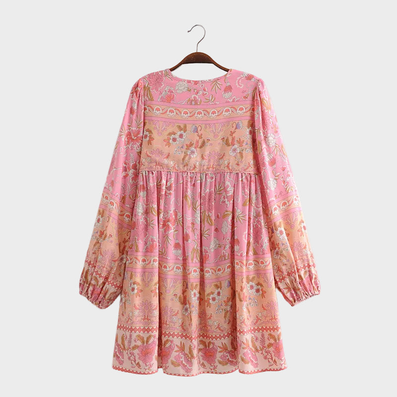 Boho Mini Dress Tunic Dress, Karlie Vintage Pink Rose