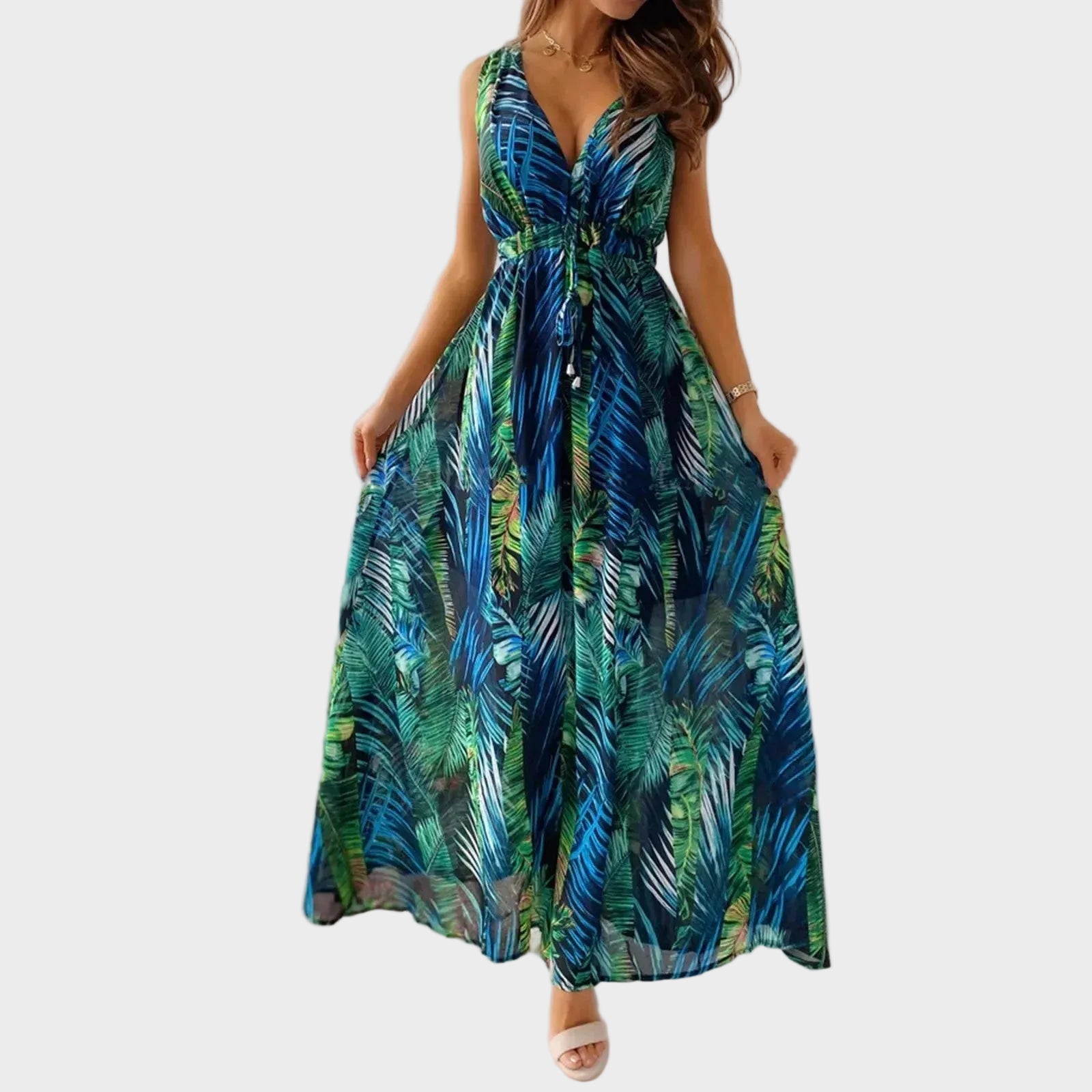 Maxi dress for women sleeveless with tropical print
