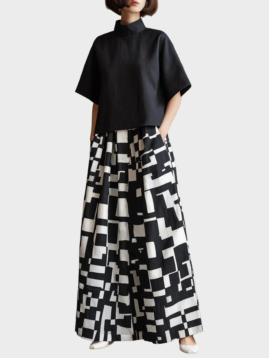 High-Neck Top & Abstract Print Wide-Leg Skirt Set