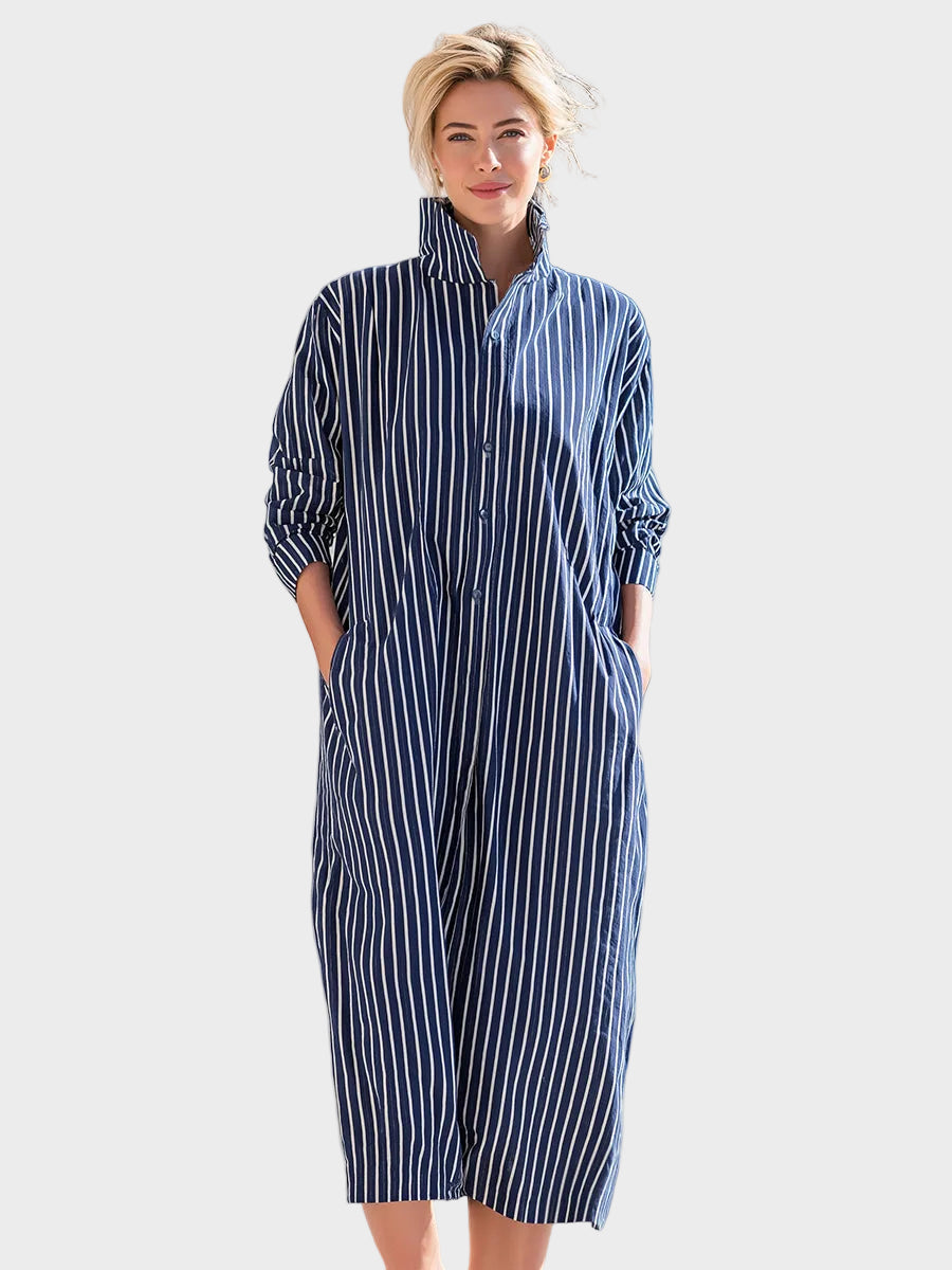 Vertical Stripe Stand-Collar Shirt Midi Dress