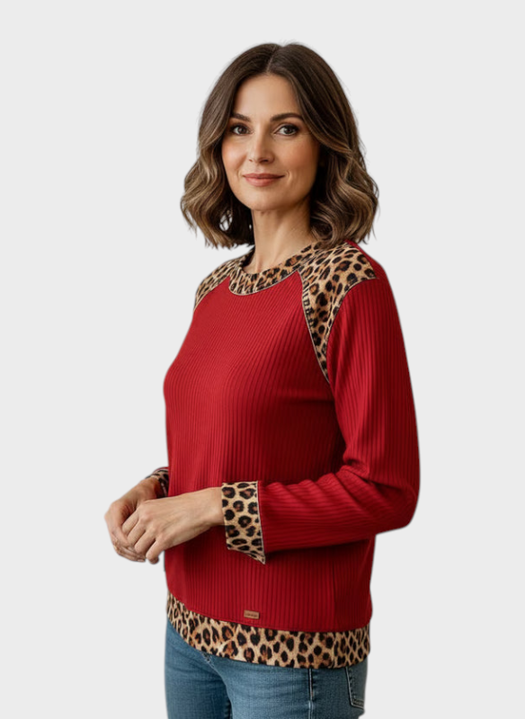 Cindy | Women's Casual Sweatshirt with Leopard Pattern - Red / S