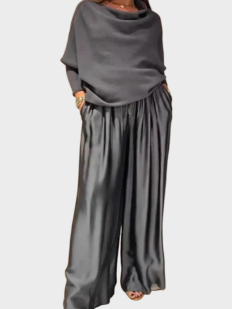 Elegant Slash Collar Off Shoulder Top&Satin Wide Leg Pants Sets Fashion Irregular Solid