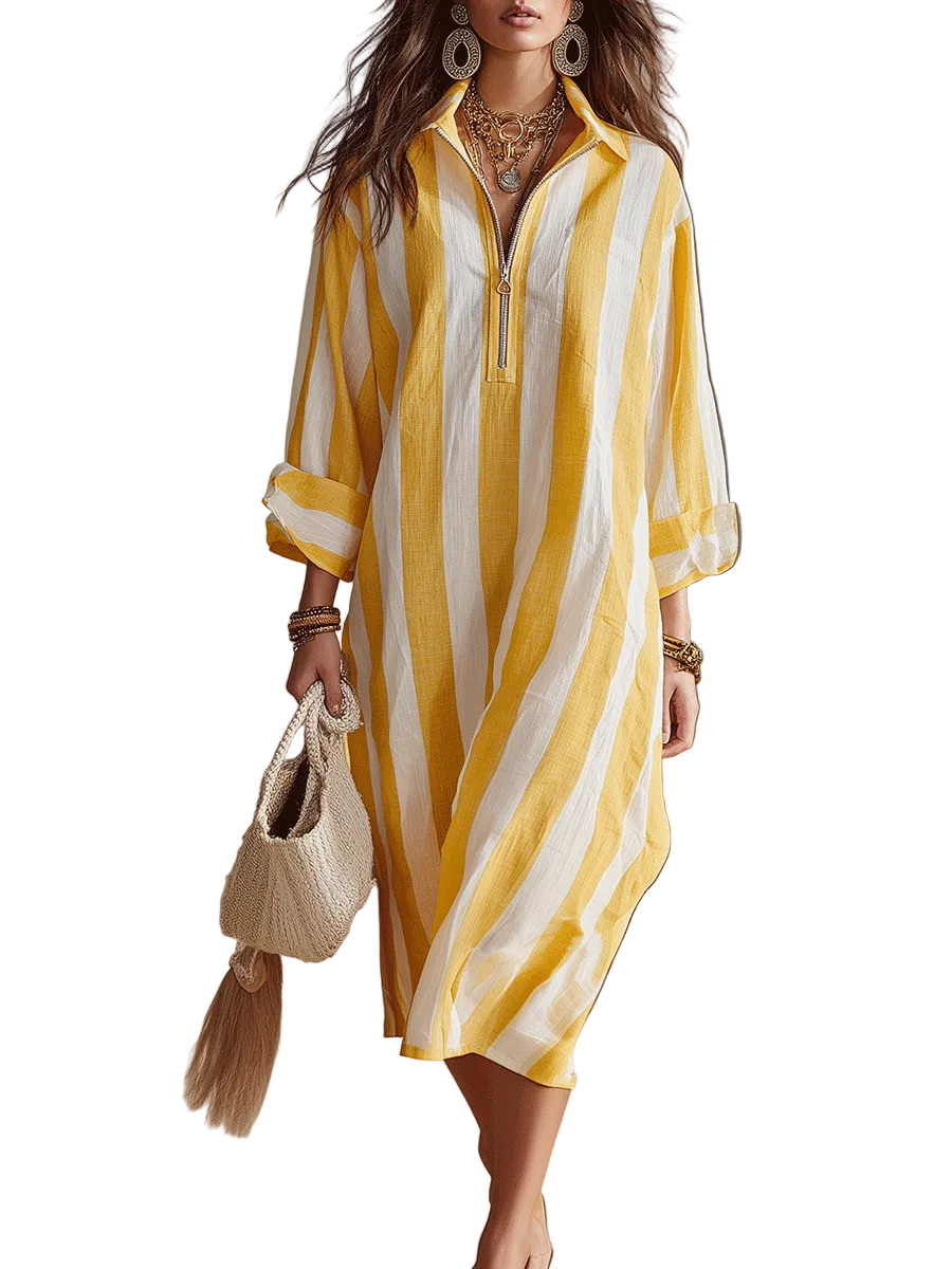 Relaxed Striped Resort Yellow & White Stripe Midi Dress