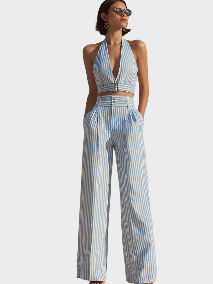 Blue & White Stripe Halter Crop Top And Wide-Leg Pants Set
