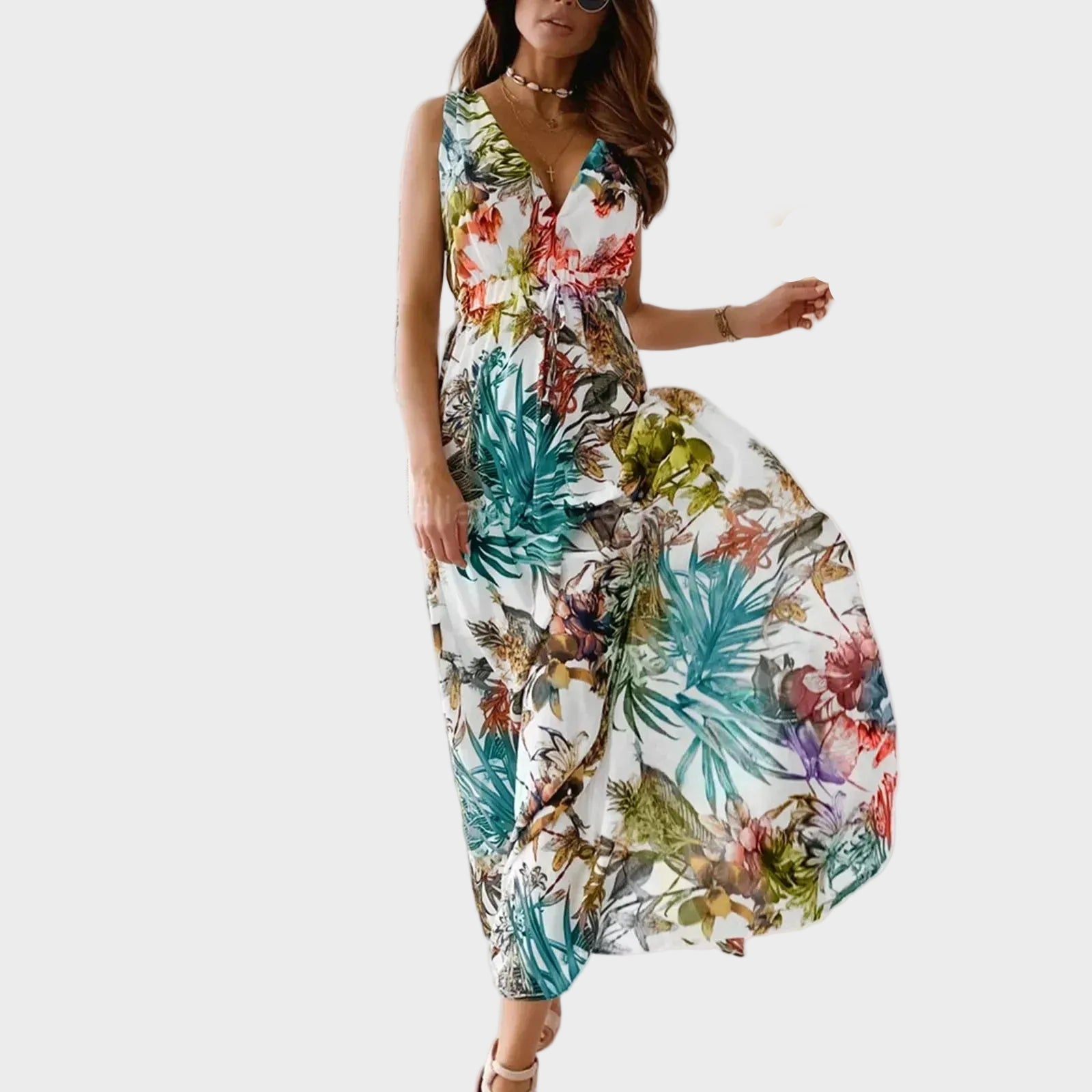 Maxi dress for women sleeveless with tropical print